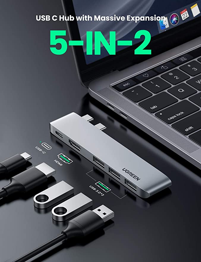 UGREEN 5-in-2 USB C Hub for MacBook Pro/Air - Silver