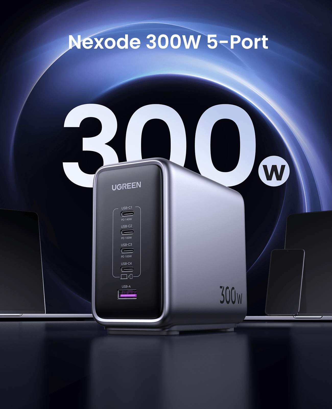 UGREEN Nexode 300W USB C GaN Charger-5 Ports Desk Silver