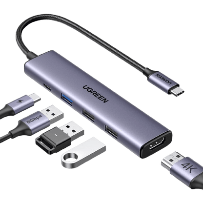 UGREEN 5-in-1 100W USB-C Hub 4K HDMI PD 5GPS - Grey