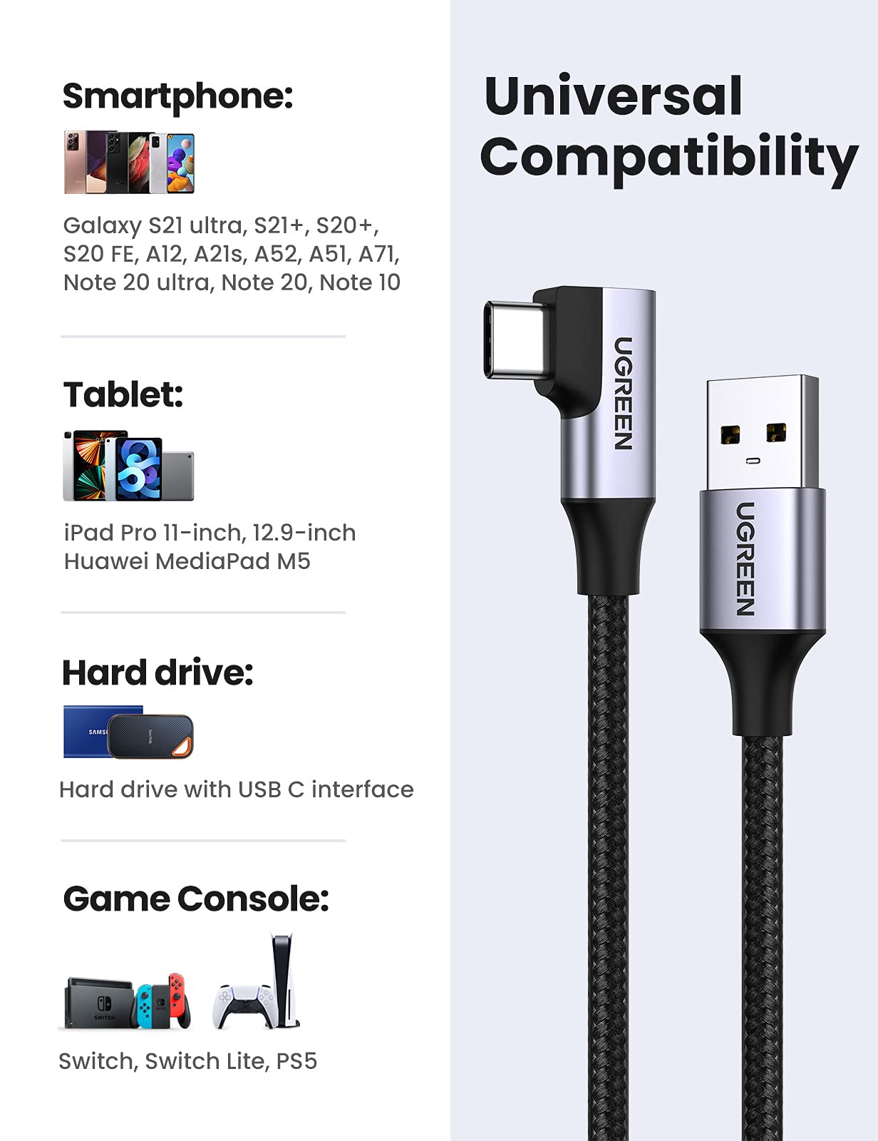 UGREEN USB-A Male to USB-C Mal90-Degree Cable 1m Black