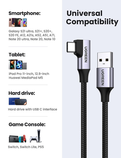 UGREEN USB-A Male to USB-C Mal90-Degree Cable 1m Black